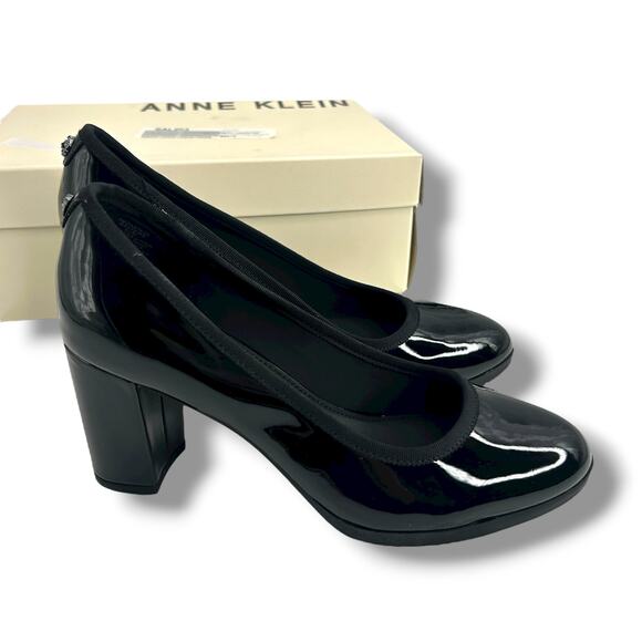 Anne Klein Castana Round Toe Block Heel Pumps Size 8 Black Patent Leather Heels - Picture 7 of 10